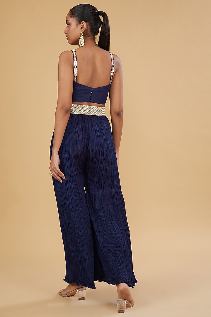 Navy Blue Crushed Silk Bandhani Jacket Set by Faabiiana at Pernia's Pop Up Shop
