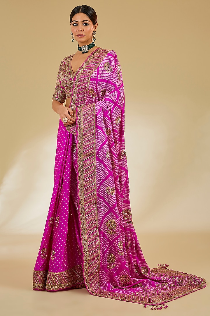 Pink Silk Bandhani Printed Saree Set by Faabiiana at Pernia's Pop Up Shop