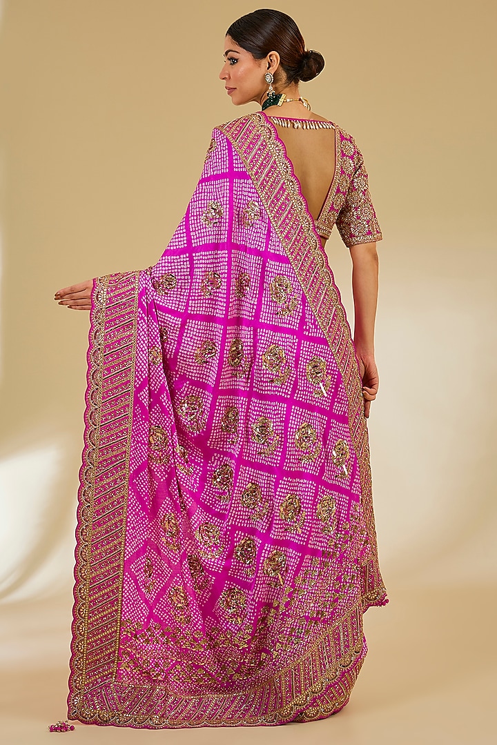 Pink Silk Bandhani Printed Bridal Saree Set by Faabiiana at Pernia's Pop Up Shop
