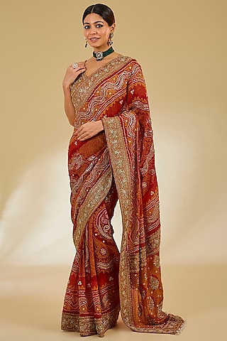 Red-Orange Georgette Bandhani Printed Saree Set by Faabiiana