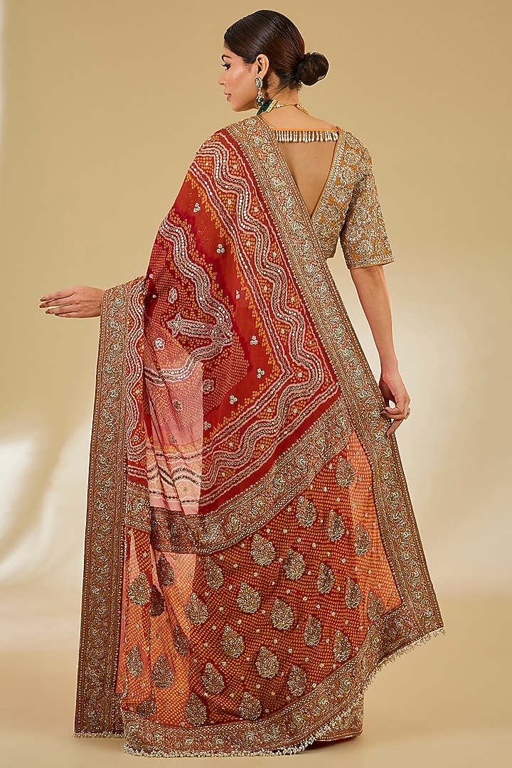 Red-Orange Georgette Bandhani Printed Bridal Saree Set by Faabiiana at Pernia's Pop Up Shop