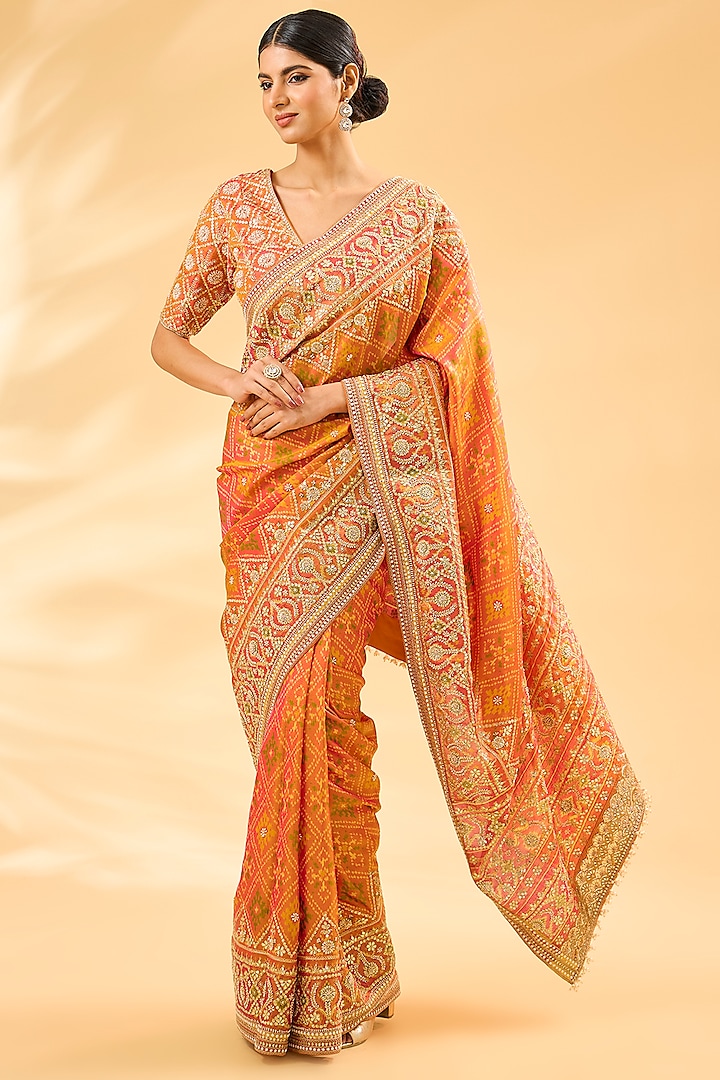 Orange Silk Patola Saree Set by Faabiiana at Pernia's Pop Up Shop