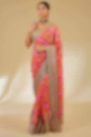 Pink-Orange Silk Leheriya Saree Set by Faabiiana at Pernia's Pop Up Shop