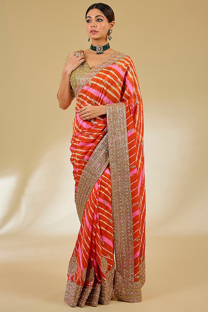 Pink-Orange Silk Leheriya Saree Set by Faabiiana at Pernia's Pop Up Shop