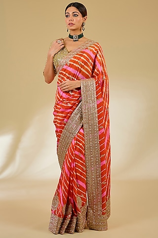 Pink-Orange Silk Leheriya Saree Set by Faabiiana
