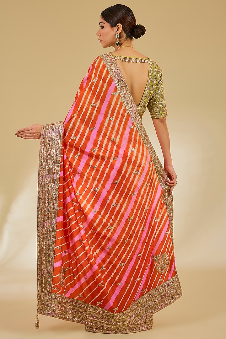Pink-Orange Silk Leheriya Reception Saree Set by Faabiiana at Pernia's Pop Up Shop