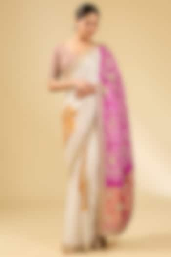 Ivory & Pink Gajji Silk Saree Set by Faabiiana at Pernia's Pop Up Shop