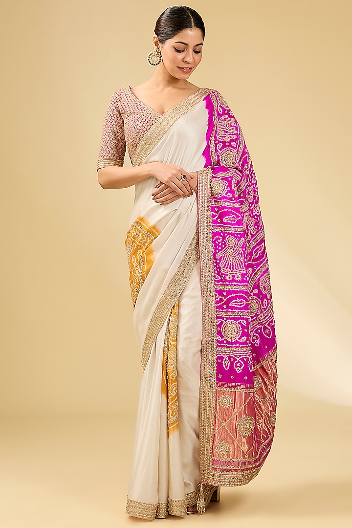 Ivory & Pink Gajji Silk Saree Set by Faabiiana at Pernia's Pop Up Shop