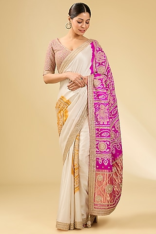 Ivory & Pink Gajji Silk Saree Set by Faabiiana