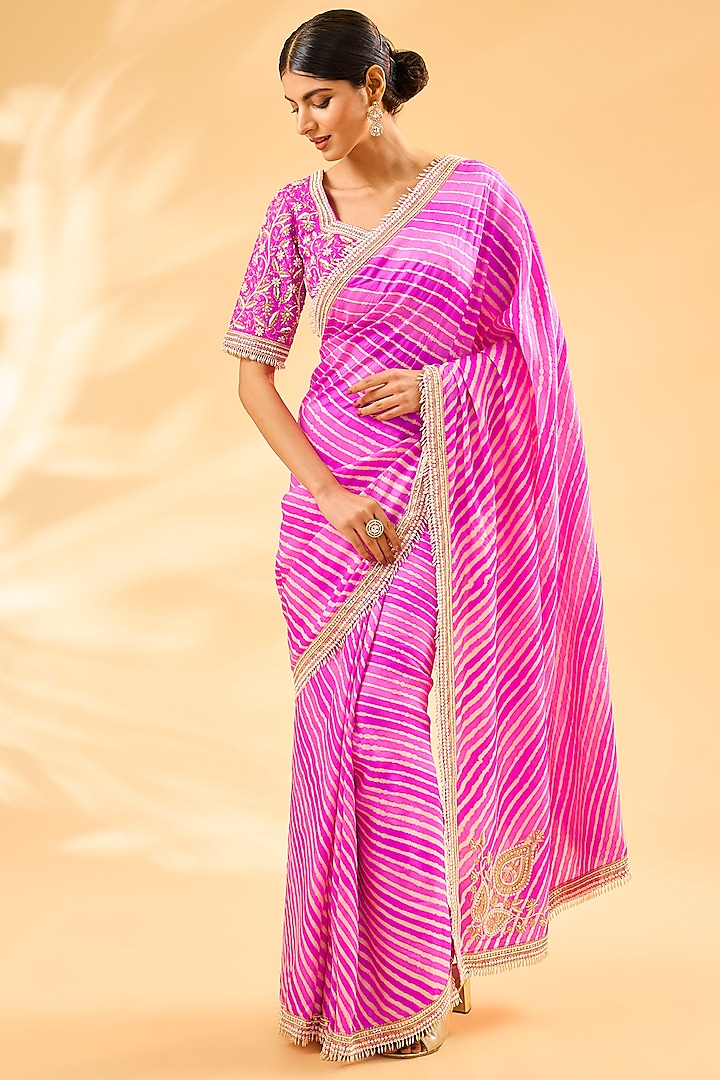 Pink Dupion Leheriya Saree Set by Faabiiana at Pernia's Pop Up Shop