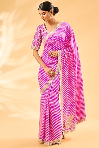 Pink Dupion Leheriya Saree Set by Faabiiana