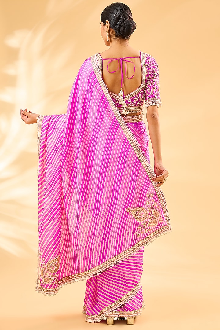 Pink Dupion Leheriya Reception Saree Set by Faabiiana at Pernia's Pop Up Shop