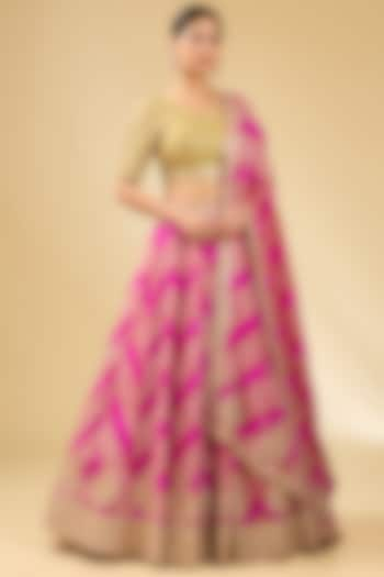 Red & Rani Pink Dupion Silk Leheriya Bridal Lehenga Set by Faabiiana at Pernia's Pop Up Shop