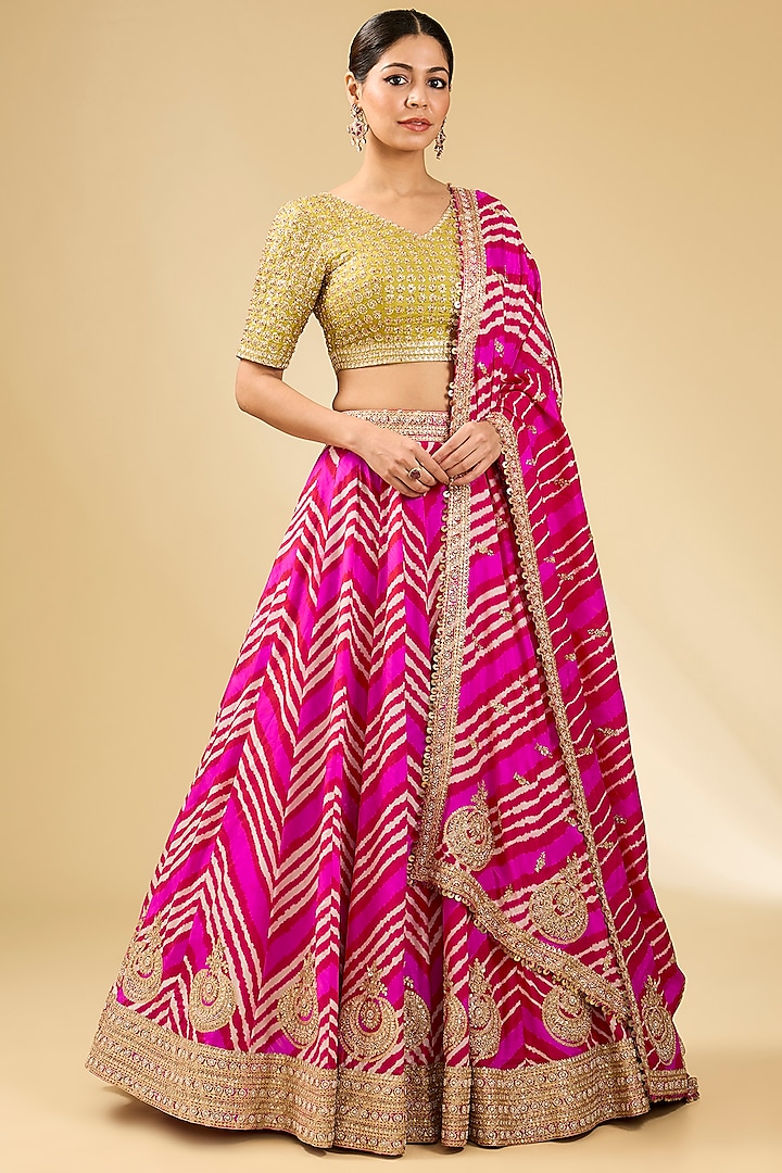 Red & Rani Pink Dupion Silk Leheriya Bridal Lehenga Set by Faabiiana at Pernia's Pop Up Shop