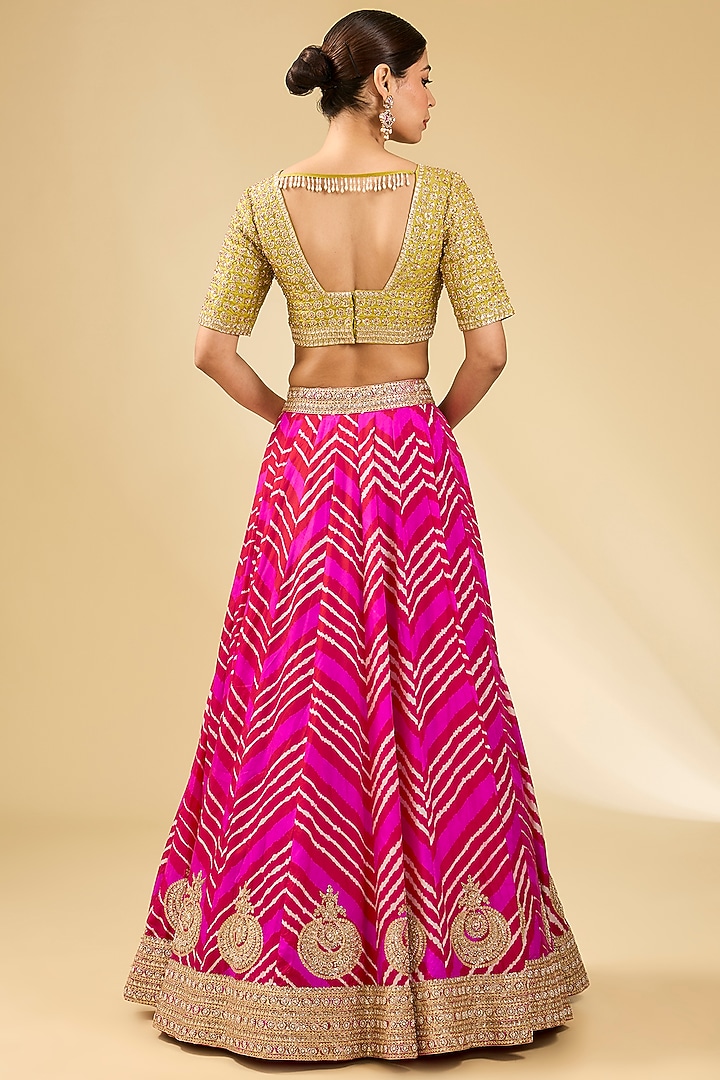 Red & Rani Pink Dupion Silk Leheriya Bridal Lehenga Set by Faabiiana at Pernia's Pop Up Shop