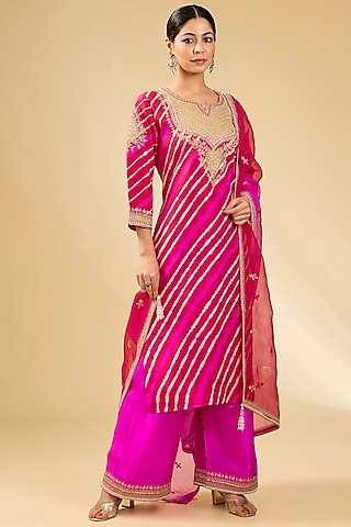 Red & Rani Pink Dupion Silk Leheriya Kurta Set by Faabiiana