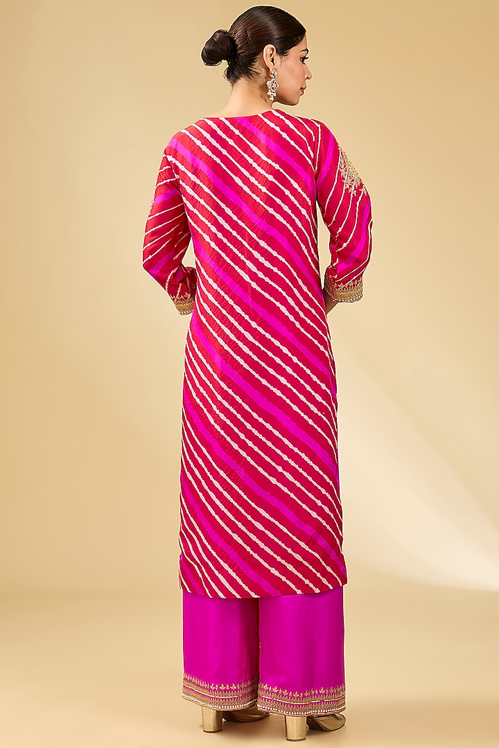 Red & Rani Pink Dupion Silk Leheriya Kurta Set by Faabiiana at Pernia's Pop Up Shop