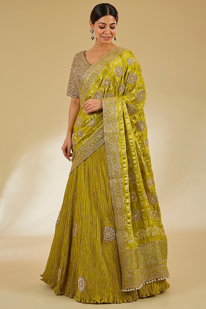 Green Silk Crushed Bridal Lehenga Set by Faabiiana at Pernia's Pop Up Shop