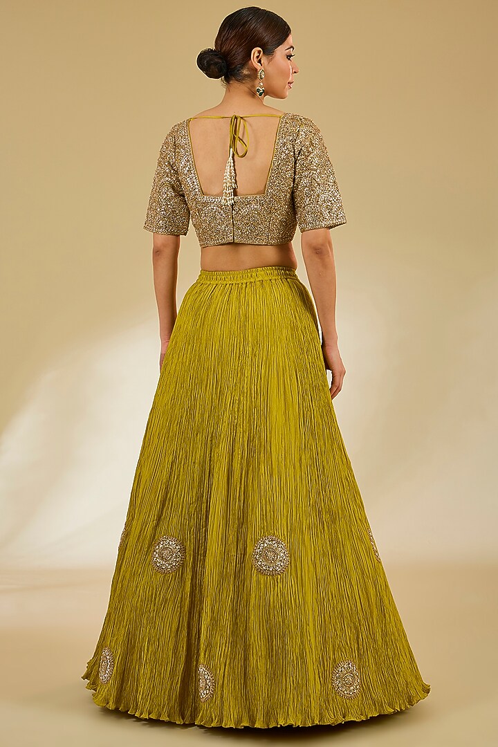 Green Silk Crushed Bridal Lehenga Set by Faabiiana at Pernia's Pop Up Shop
