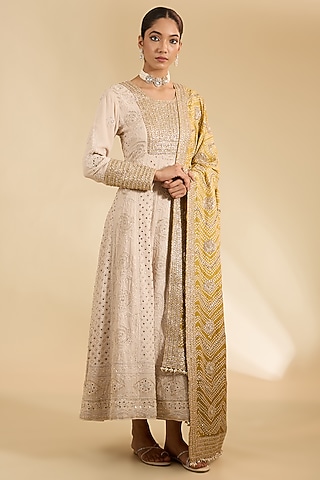 Ivory Georgette Lucknowi Anarkali Set by Faabiiana