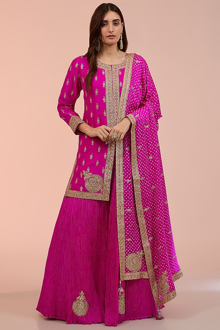 Pink Hand Crushed Motif Embroidered Sharara Set by Faabiiana at Pernia's Pop Up Shop