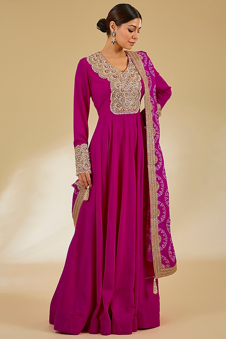 Rani Pink Moonga Silk Anarkali Set by Faabiiana at Pernia's Pop Up Shop