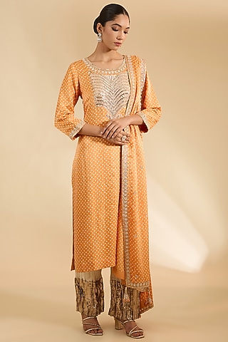 Orange Gajji Silk Bandhani Printed Kurta Set by Faabiiana