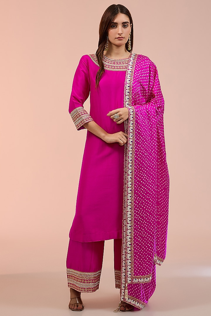 Pink Silk Zari & Gota Embroidered Kurta Set by Faabiiana at Pernia's Pop Up Shop