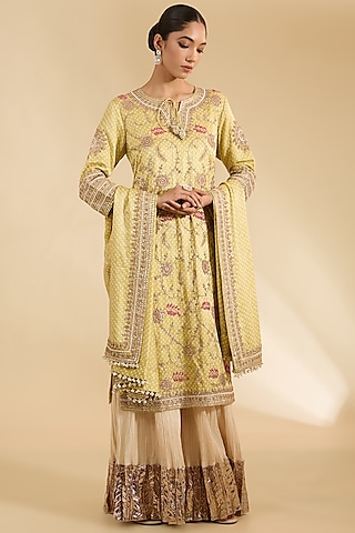 Green Gajji Silk Bandhani Printed & Embroidered Kurta Set by Faabiiana