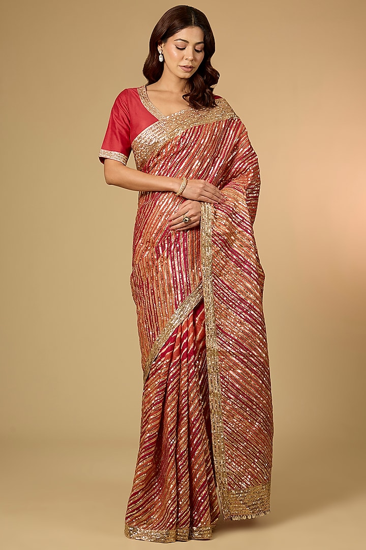 Red Tussar Silk Bridal Saree Set by Faabiiana at Pernia's Pop Up Shop