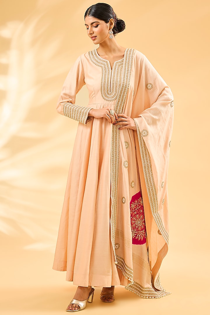 Onion Pink Moonga Silk Anarakli Set by Faabiiana at Pernia's Pop Up Shop