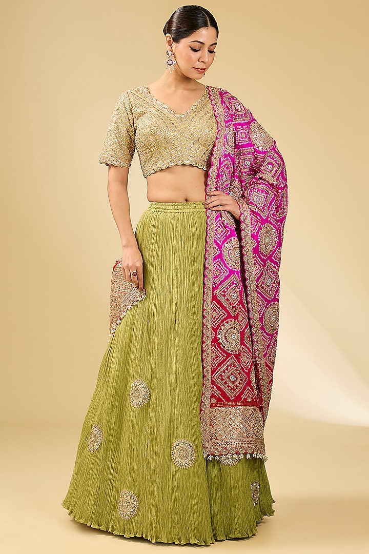 Green Crushed & Silk Bridal Lehenga Set by Faabiiana at Pernia's Pop Up Shop