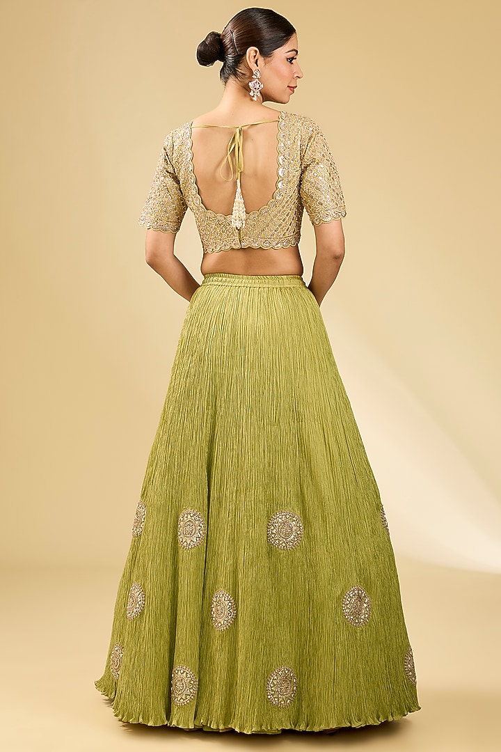 Green Crushed & Silk Bridal Lehenga Set by Faabiiana at Pernia's Pop Up Shop
