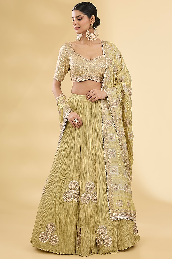 Sage Green Crushed Silk Bridal Lehenga Set by Faabiiana at Pernia's Pop Up Shop