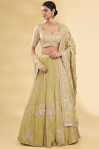 Sage Green Crushed Silk Lehenga Set by Faabiiana