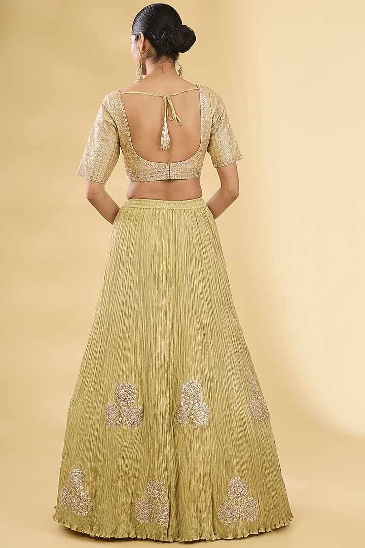 Sage Green Crushed Silk Bridal Lehenga Set by Faabiiana at Pernia's Pop Up Shop