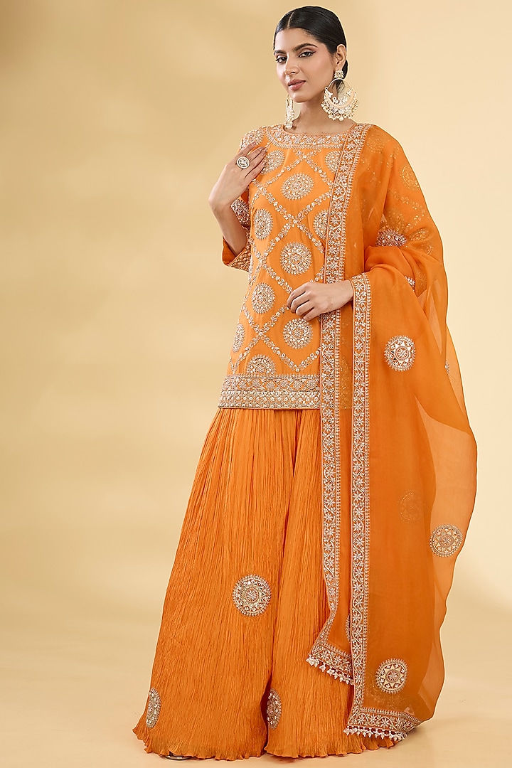 Orange Dupion Crushed Sharara Set by Faabiiana at Pernia's Pop Up Shop