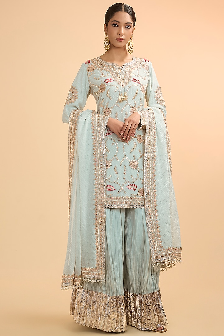 Ice Blue Gajji Silk Crushed Sharara Set by Faabiiana at Pernia's Pop Up Shop