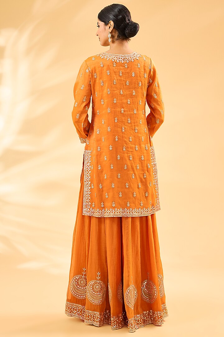 Mustard Chanderi Tissue Tamba-Patti Work Kurta Set by Faabiiana at Pernia's Pop Up Shop