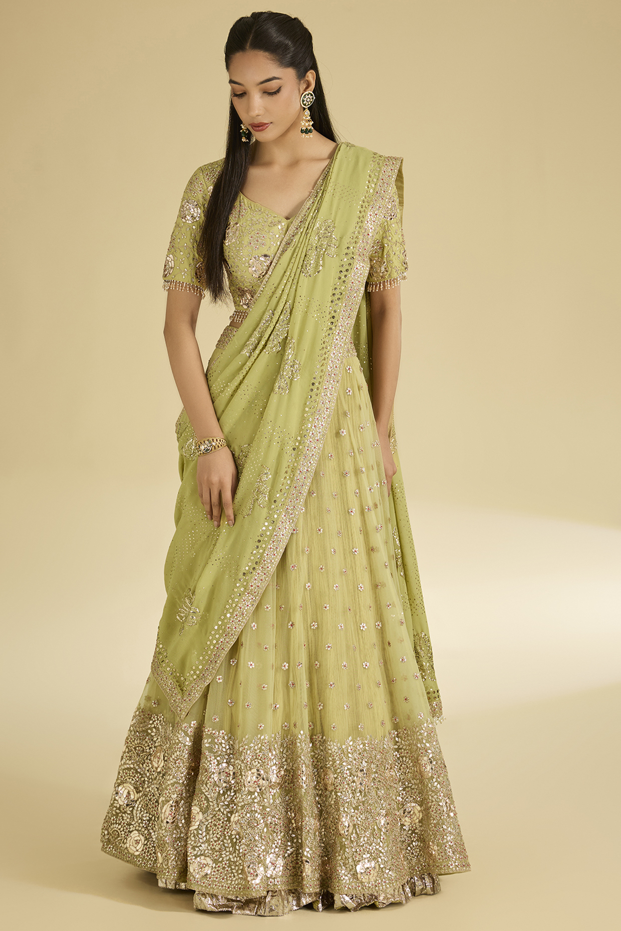Lime Green Net & Silk Bridal Lehenga Saree Set by Faabiiana at Pernia's Pop Up Shop