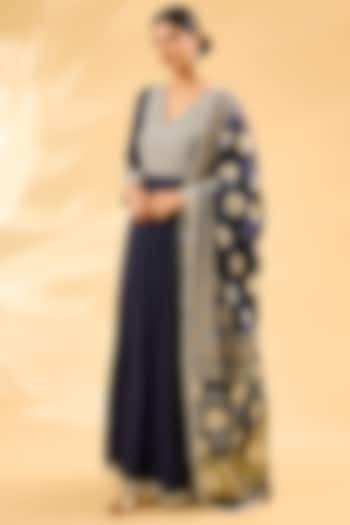 Midnight Blue Moonga Silk Cutdana Work Anarakli Set by Faabiiana at Pernia's Pop Up Shop