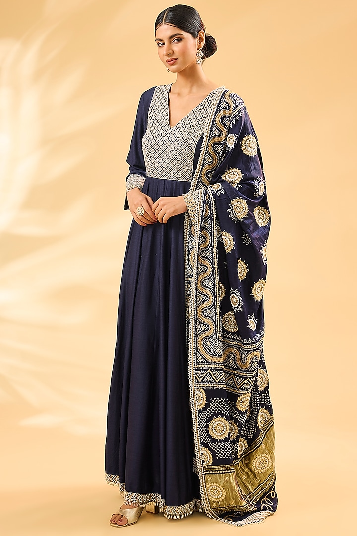 Midnight Blue Moonga Silk Cutdana Work Anarakli Set by Faabiiana at Pernia's Pop Up Shop