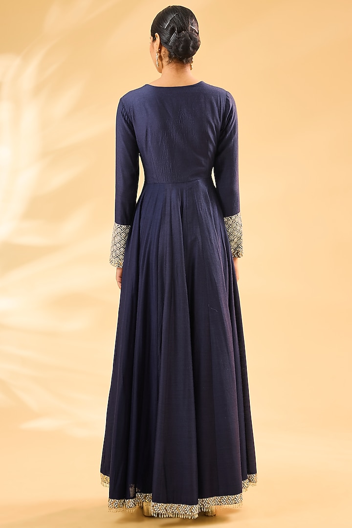 Midnight Blue Moonga Silk Cutdana Work Anarakli Set by Faabiiana at Pernia's Pop Up Shop