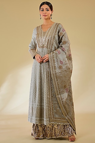 Ice Blue Lucknowi Georgette Chikankari Anarkali Set by Faabiiana