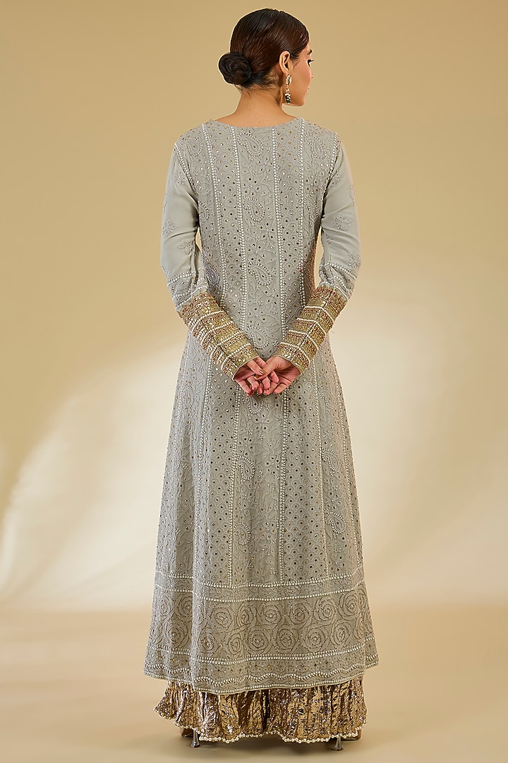 Ice Blue Lucknowi Georgette Chikankari Bridal Anarkali Set by Faabiiana at Pernia's Pop Up Shop