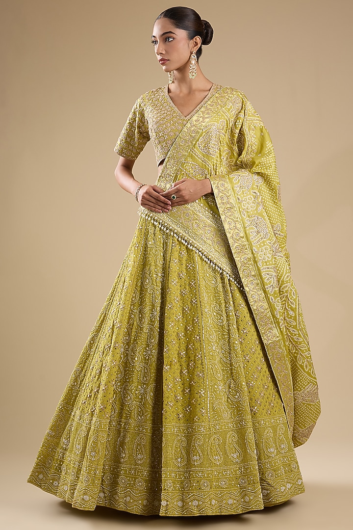 Mehendi Green Georgette Chikankari Embroidered Bridal Lehenga Set by Faabiiana at Pernia's Pop Up Shop