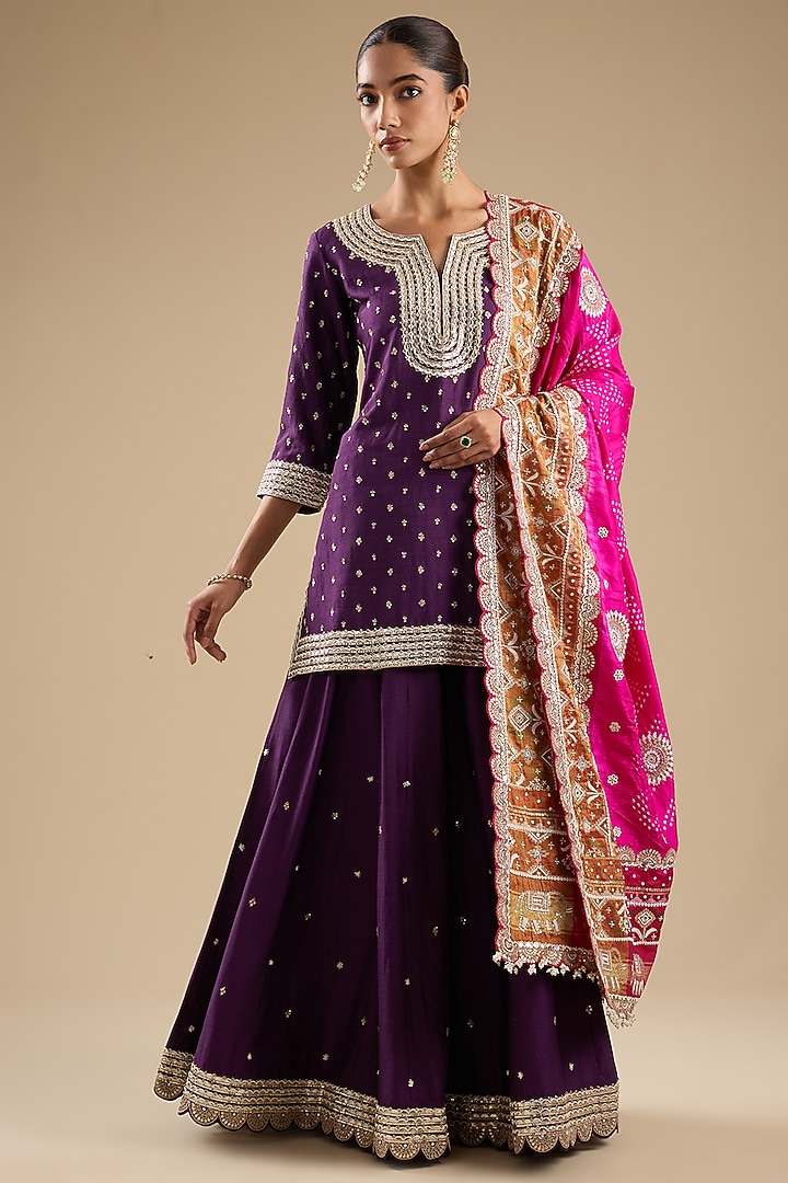 Purple Dupion Embroidered Bridal Sharara Set by Faabiiana at Pernia's Pop Up Shop