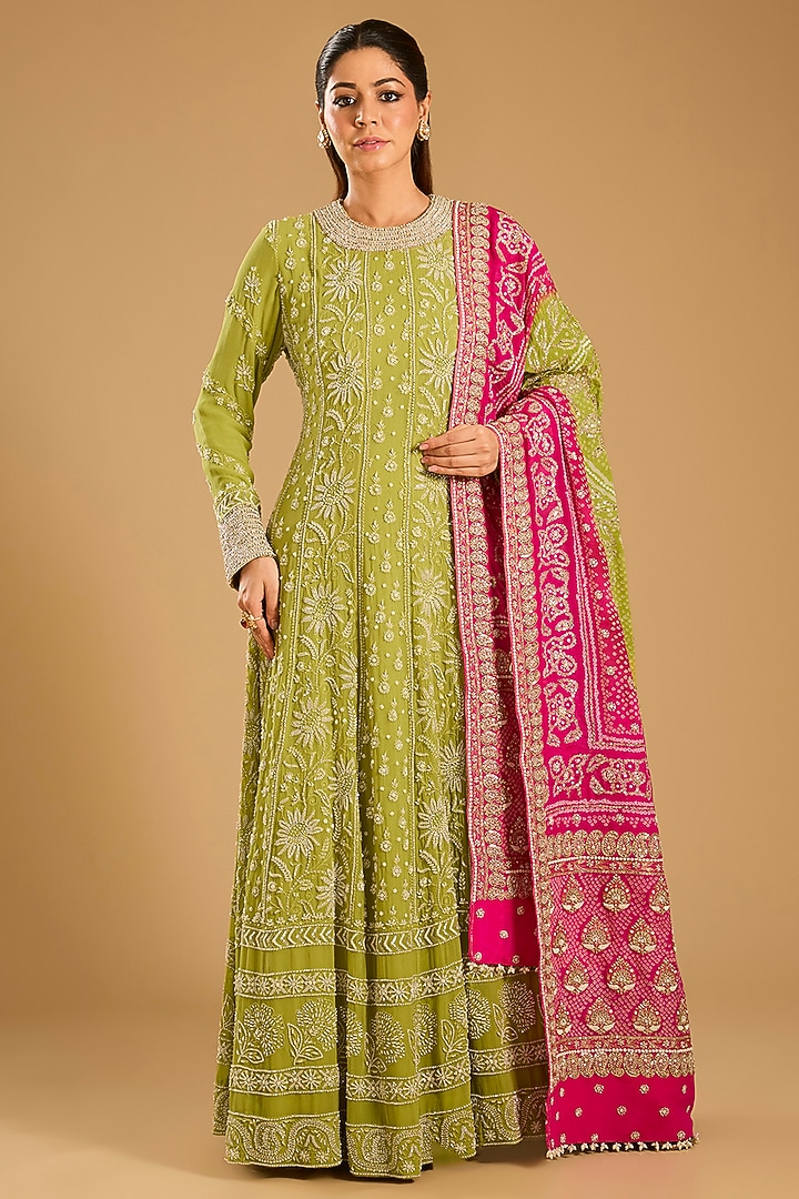Mehendi Green Chikankari Bridal Anarkali Set by Faabiiana at Pernia's Pop Up Shop