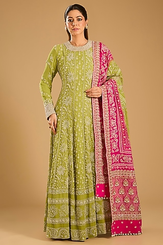 Mehendi Green Chikankari Anarkali Set by Faabiiana