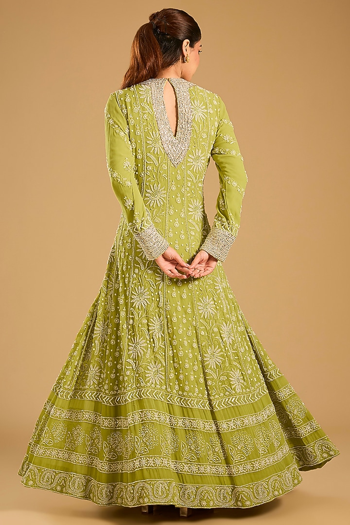 Mehendi Green Chikankari Bridal Anarkali Set by Faabiiana at Pernia's Pop Up Shop